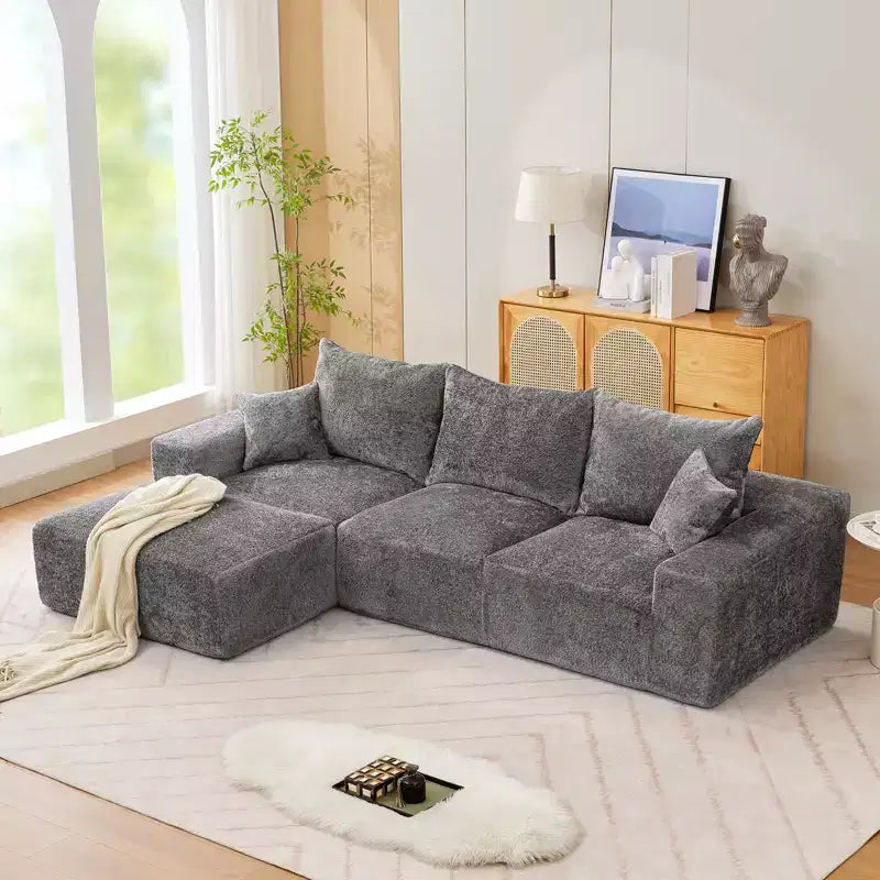 Divano sezionale modulare da 110" Divano a nuvola a L con chaise longue, divano in ciniglia con seduta profonda, nessun assemblaggio richiesto