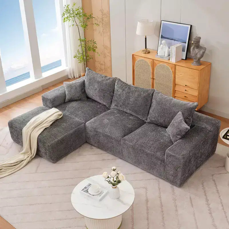 Divano sezionale modulare da 110" Divano a nuvola a L con chaise longue, divano in ciniglia con seduta profonda, nessun assemblaggio richiesto