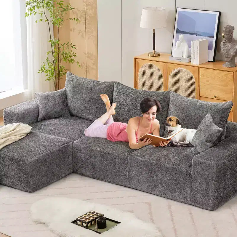 Divano sezionale modulare da 110" Divano a nuvola a L con chaise longue, divano in ciniglia con seduta profonda, nessun assemblaggio richiesto