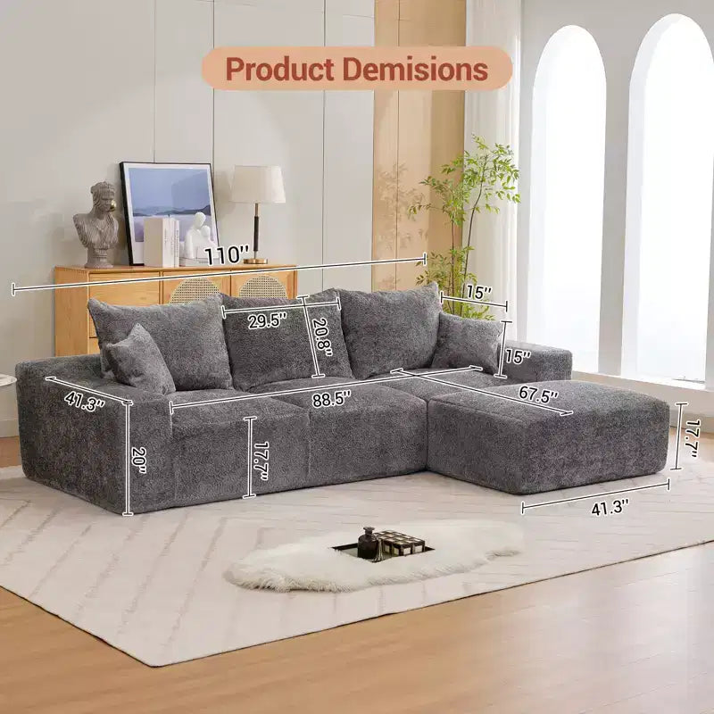 Divano sezionale modulare da 110" Divano a nuvola a L con chaise longue, divano in ciniglia con seduta profonda, nessun assemblaggio richiesto