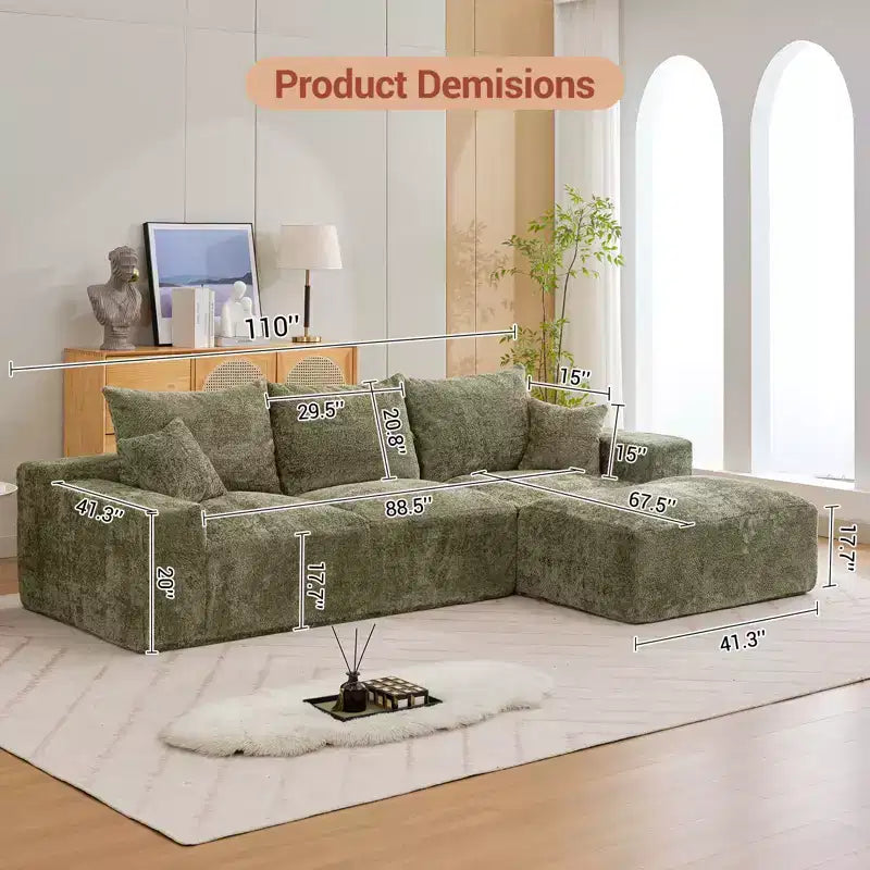 Divano sezionale modulare da 110" Divano a nuvola a L con chaise longue, divano in ciniglia con seduta profonda, nessun assemblaggio richiesto