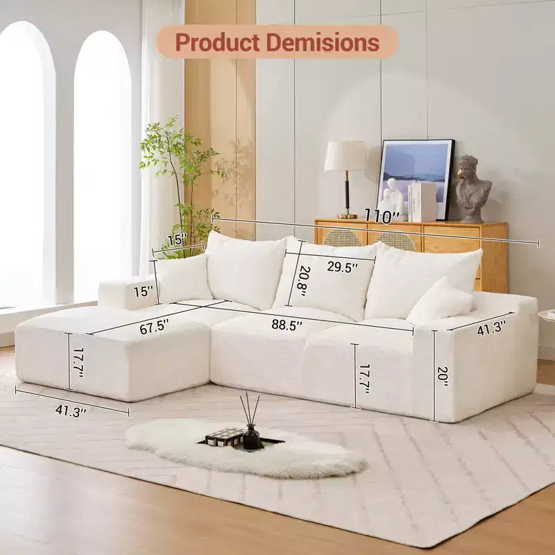 Divano sezionale modulare da 110" Divano a nuvola a L con chaise longue, divano in ciniglia con seduta profonda, nessun assemblaggio richiesto