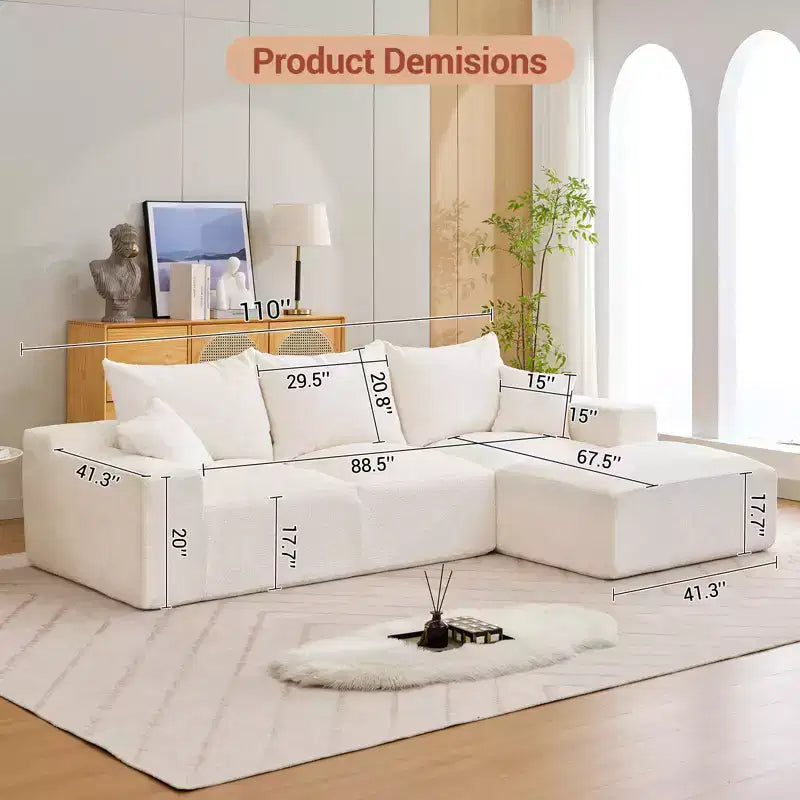Divano sezionale modulare da 110" Divano a nuvola a L con chaise longue, divano in ciniglia con seduta profonda, nessun assemblaggio richiesto