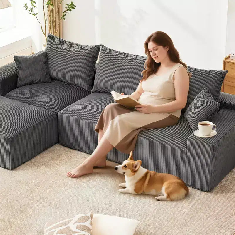 Divano sezionale modulare da 110" Divano a nuvola a L con chaise longue, divano in ciniglia con seduta profonda, nessun assemblaggio richiesto