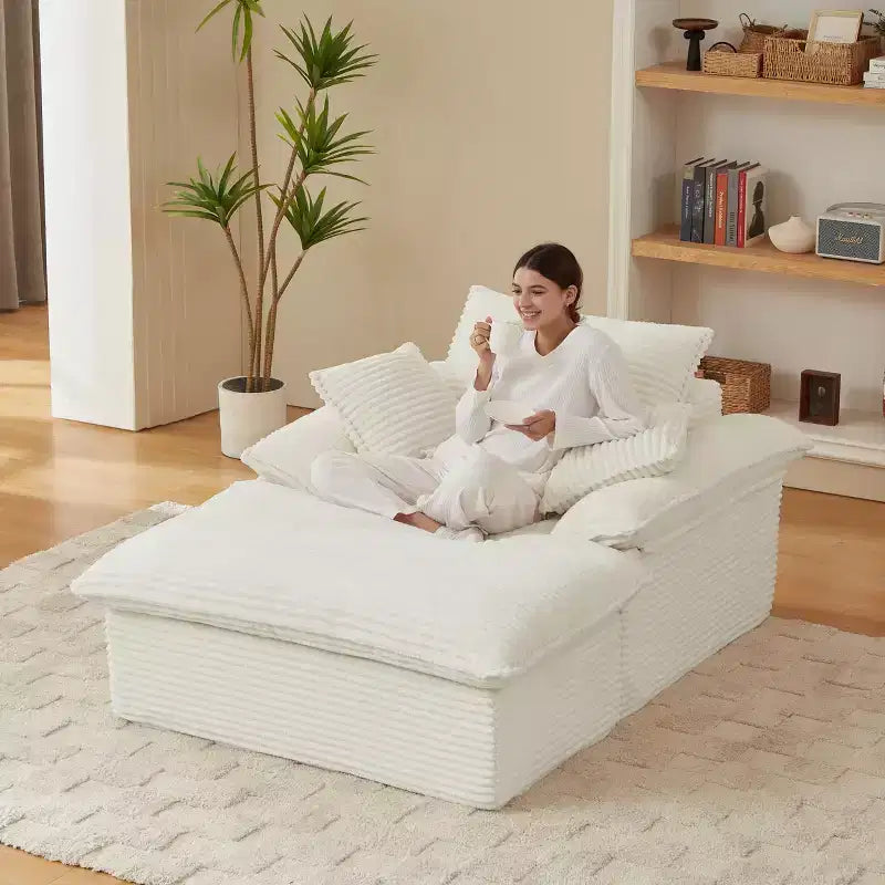 Pexfix 55 pollici L Divano Moderno Imbottito in Velluto a Coste a Seduta Singola con Cuscini e Poggiapiedi, Poltrona Relax per Soggiorno, Camera da Letto, Appartamento, Ufficio Bianco