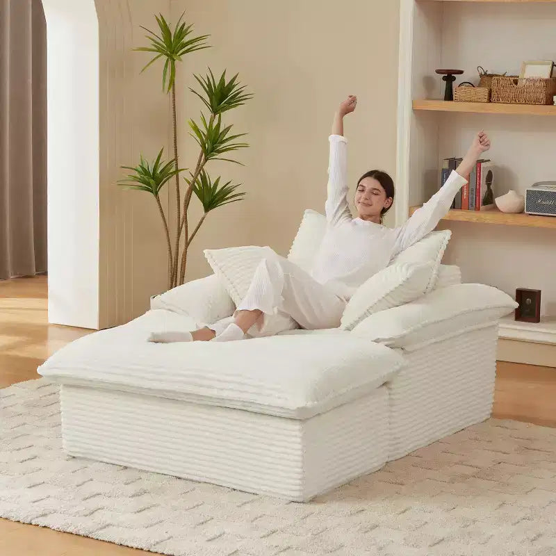 Pexfix 55 pollici L Divano Moderno Imbottito in Velluto a Coste a Seduta Singola con Cuscini e Poggiapiedi, Poltrona Relax per Soggiorno, Camera da Letto, Appartamento, Ufficio Bianco