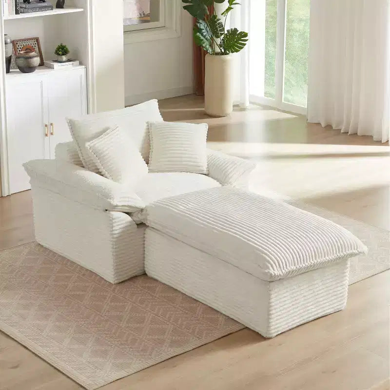 Pexfix 55 pollici L Divano Moderno Imbottito in Velluto a Coste a Seduta Singola con Cuscini e Poggiapiedi, Poltrona Relax per Soggiorno, Camera da Letto, Appartamento, Ufficio Bianco