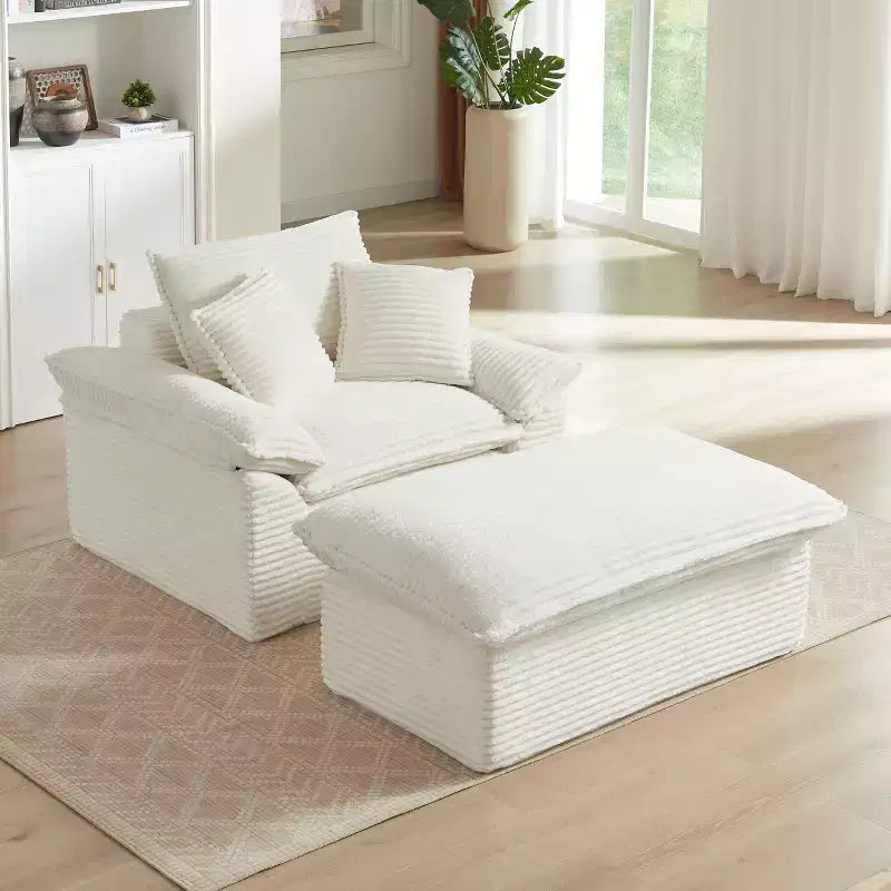 Pexfix 55 pollici L Divano Moderno Imbottito in Velluto a Coste a Seduta Singola con Cuscini e Poggiapiedi, Poltrona Relax per Soggiorno, Camera da Letto, Appartamento, Ufficio Bianco