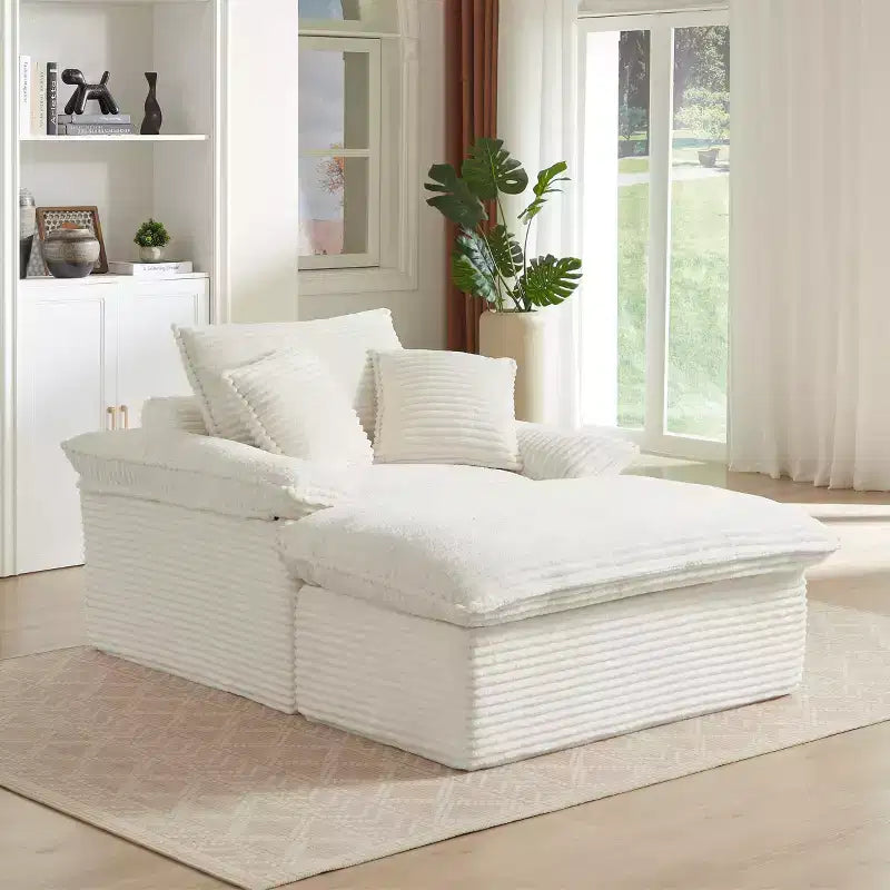 Pexfix 55 pollici L Divano Moderno Imbottito in Velluto a Coste a Seduta Singola con Cuscini e Poggiapiedi, Poltrona Relax per Soggiorno, Camera da Letto, Appartamento, Ufficio Bianco