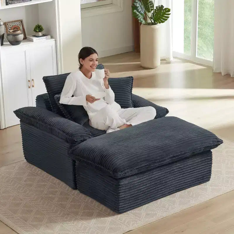 Pexfix Divano Moderno a Sedile Singolo in Velluto a Coste con Cuscini e Poggiapiedi, Poltrona Lounge per Soggiorno, Camera da Letra, Appartamento, Ufficio, Grigio Scuro, 140 cm L