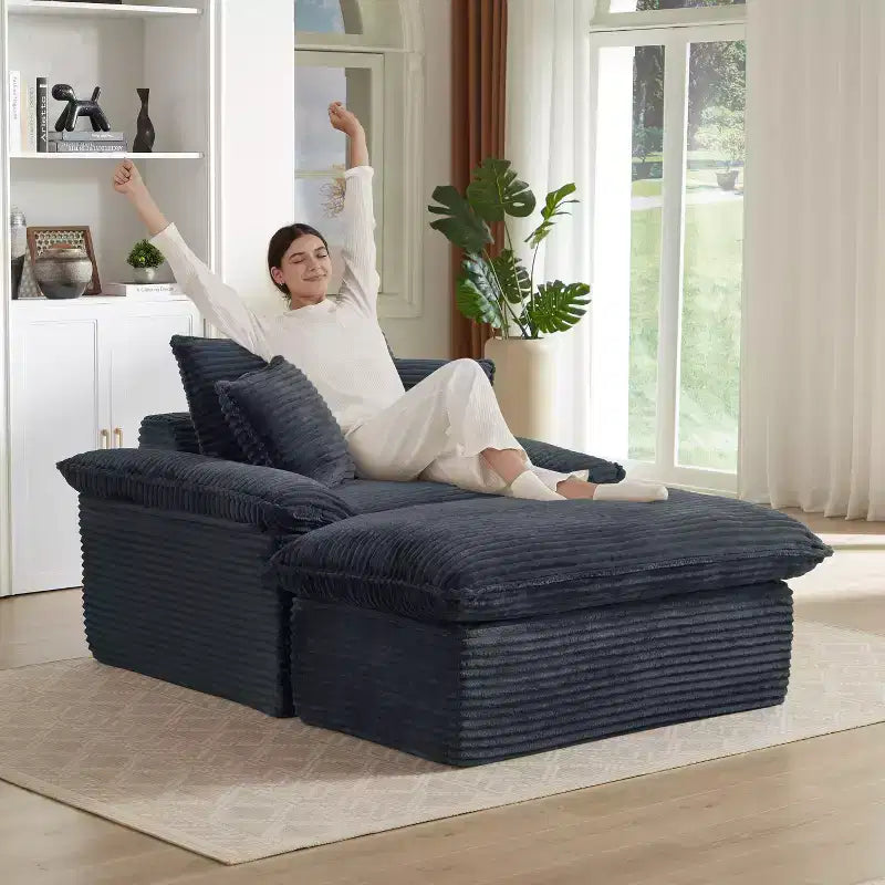 Pexfix Divano Moderno a Sedile Singolo in Velluto a Coste con Cuscini e Poggiapiedi, Poltrona Lounge per Soggiorno, Camera da Letra, Appartamento, Ufficio, Grigio Scuro, 140 cm L
