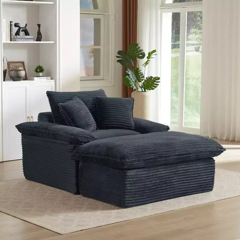 Pexfix Divano Moderno a Sedile Singolo in Velluto a Coste con Cuscini e Poggiapiedi, Poltrona Lounge per Soggiorno, Camera da Letra, Appartamento, Ufficio, Grigio Scuro, 140 cm L