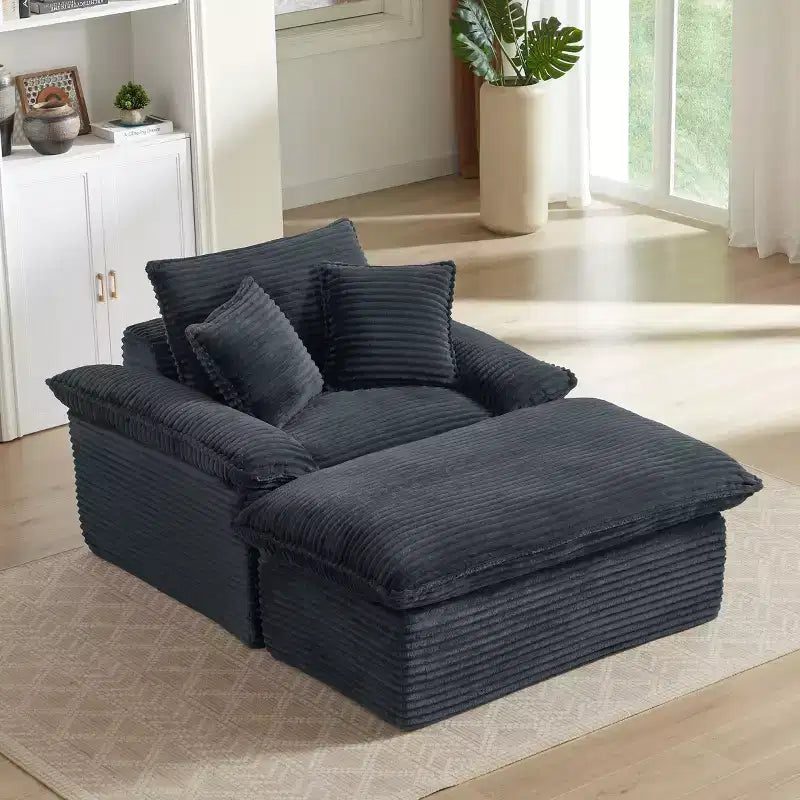 Pexfix Divano Moderno a Sedile Singolo in Velluto a Coste con Cuscini e Poggiapiedi, Poltrona Lounge per Soggiorno, Camera da Letra, Appartamento, Ufficio, Grigio Scuro, 140 cm L