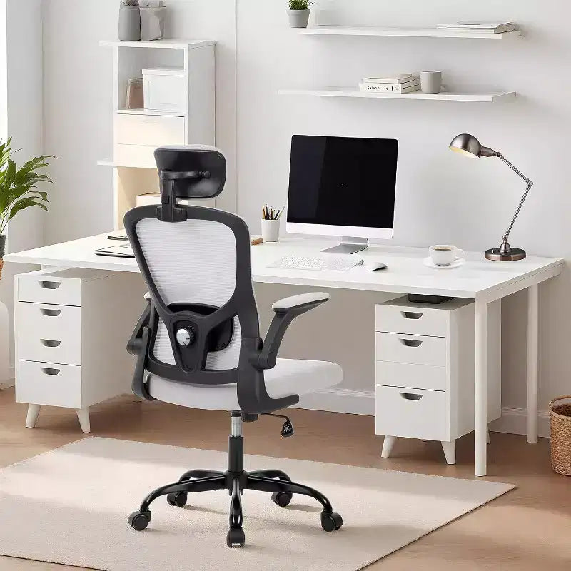 Sedia da ufficio ergonomica High-Gray con poggiatesta e supporto lombare regolabili - Bracciolo ribaltabile, sedia a rotelle in rete per casa, ufficio, studio, camera da letto