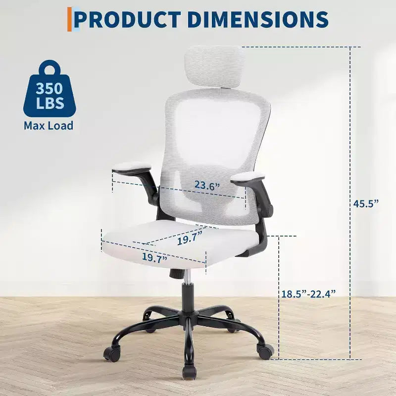 Sedia da ufficio ergonomica High-Gray con poggiatesta e supporto lombare regolabili - Bracciolo ribaltabile, sedia a rotelle in rete per casa, ufficio, studio, camera da letto