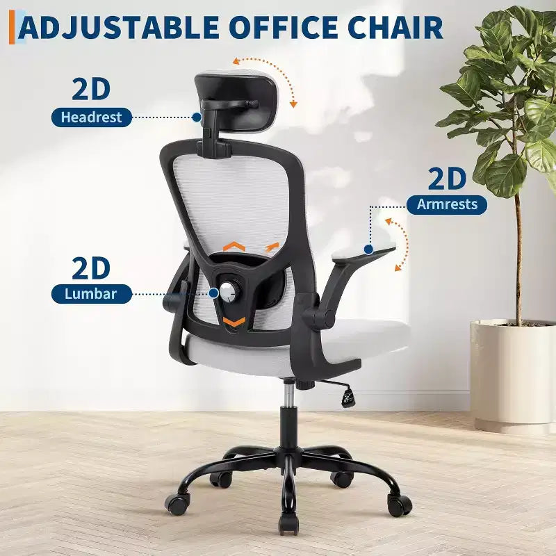 Sedia da ufficio ergonomica High-Gray con poggiatesta e supporto lombare regolabili - Bracciolo ribaltabile, sedia a rotelle in rete per casa, ufficio, studio, camera da letto