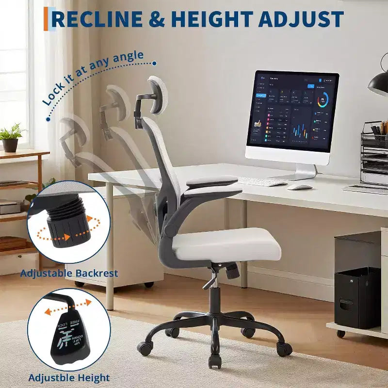 Sedia da ufficio ergonomica High-Gray con poggiatesta e supporto lombare regolabili - Bracciolo ribaltabile, sedia a rotelle in rete per casa, ufficio, studio, camera da letto