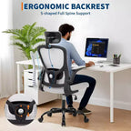 Sedia da ufficio ergonomica High-Gray con poggiatesta e supporto lombare regolabili - Bracciolo ribaltabile, sedia a rotelle in rete per casa, ufficio, studio, camera da letto