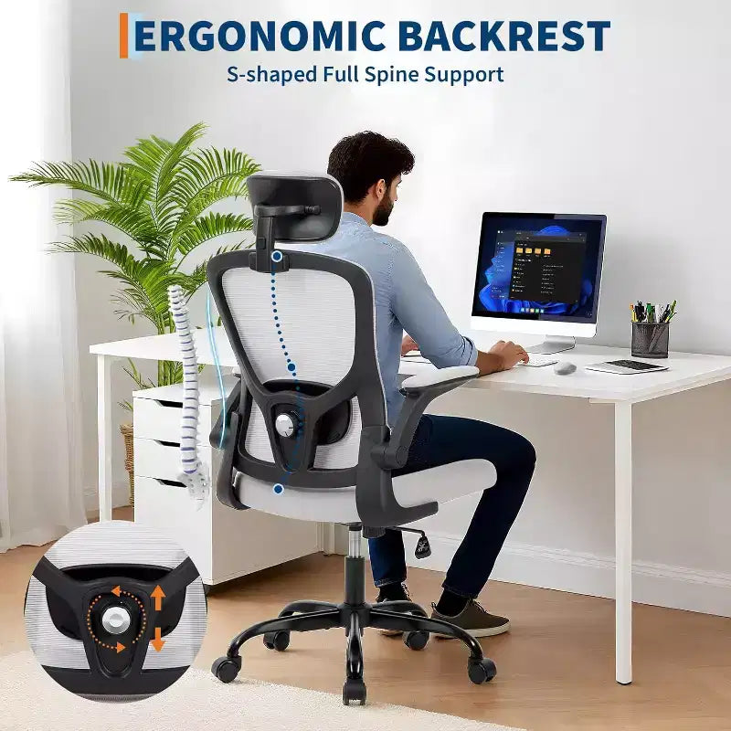 Sedia da ufficio ergonomica High-Gray con poggiatesta e supporto lombare regolabili - Bracciolo ribaltabile, sedia a rotelle in rete per casa, ufficio, studio, camera da letto
