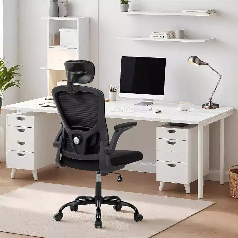 Sedia da ufficio ergonomica High-Gray con poggiatesta e supporto lombare regolabili - Bracciolo ribaltabile, sedia a rotelle in rete per casa, ufficio, studio, camera da letto