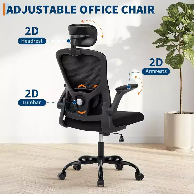 Sedia da ufficio ergonomica High-Gray con poggiatesta e supporto lombare regolabili - Bracciolo ribaltabile, sedia a rotelle in rete per casa, ufficio, studio, camera da letto