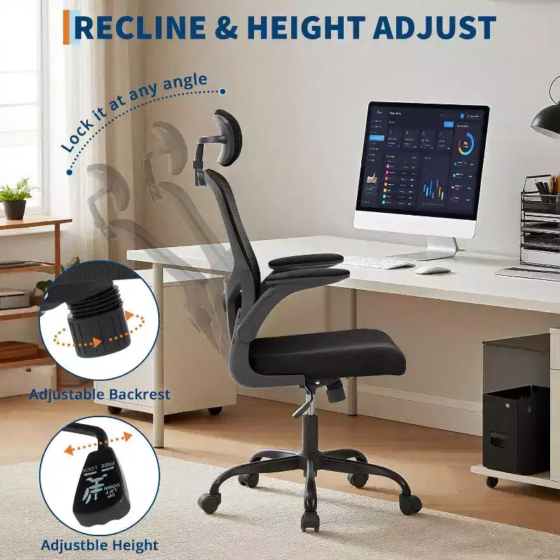 Sedia da ufficio ergonomica High-Gray con poggiatesta e supporto lombare regolabili - Bracciolo ribaltabile, sedia a rotelle in rete per casa, ufficio, studio, camera da letto