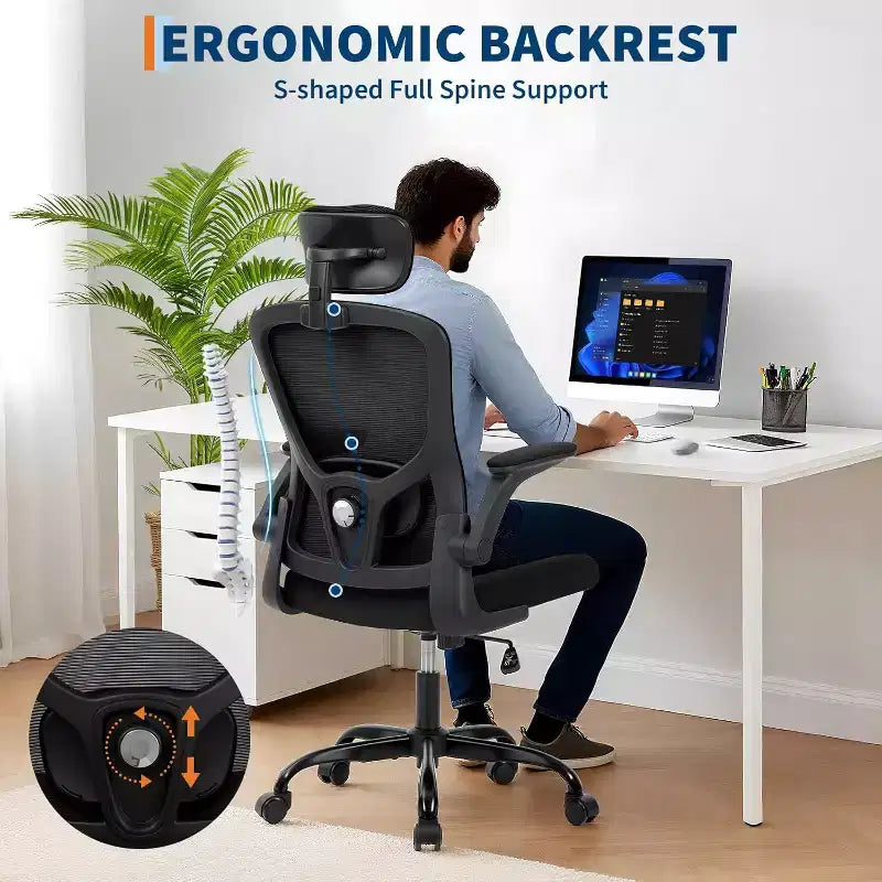 Sedia da ufficio ergonomica High-Gray con poggiatesta e supporto lombare regolabili - Bracciolo ribaltabile, sedia a rotelle in rete per casa, ufficio, studio, camera da letto