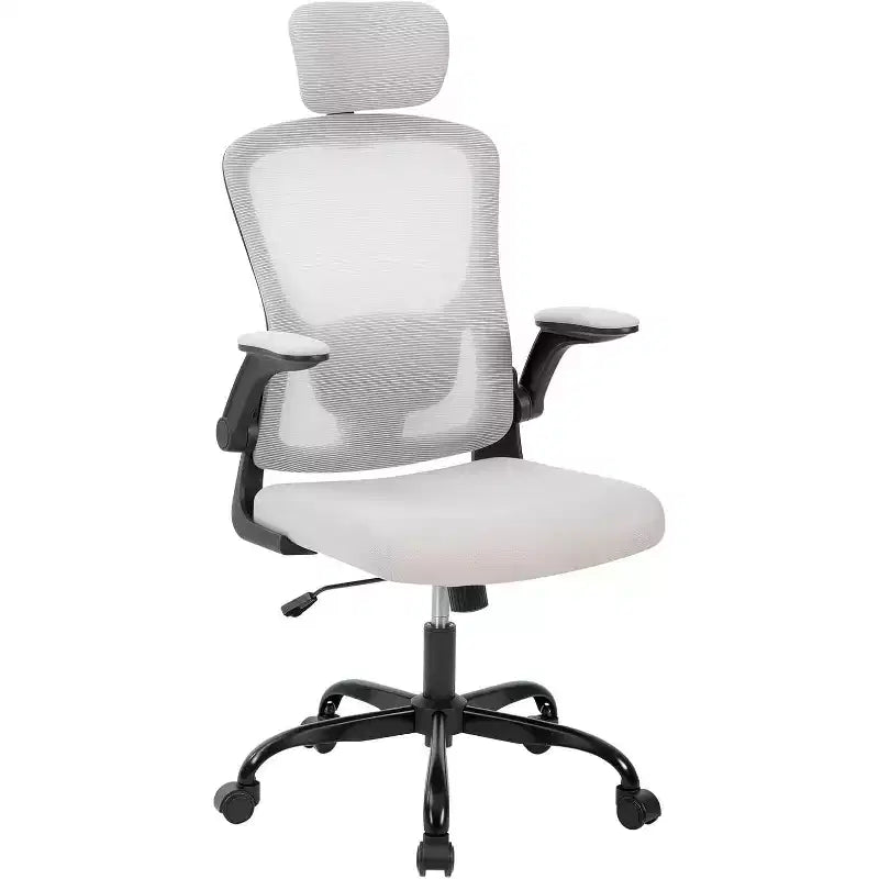 Sedia da ufficio ergonomica High-Gray con poggiatesta e supporto lombare regolabili - Bracciolo ribaltabile, sedia a rotelle in rete per casa, ufficio, studio, camera da letto