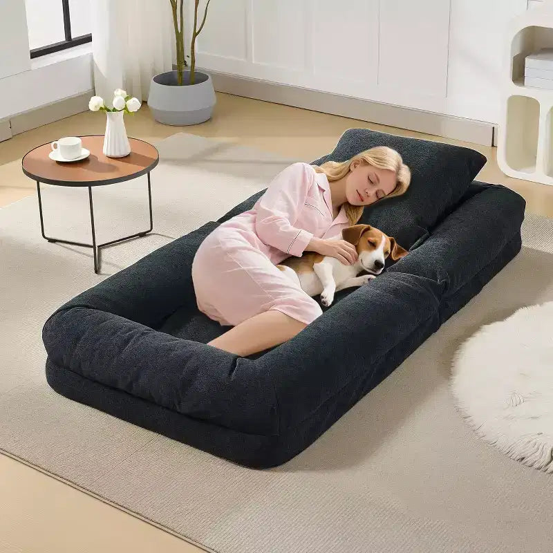 Cuccia Umana per Adulti, Comodo Divano Letto Relax con 2 Cuscini e 5 Posizioni Regolabili, Poltrona Lounge Rivestita in Ciniglia per Soggiorno Camera da Letto