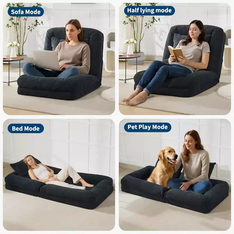 Cuccia Umana per Adulti, Comodo Divano Letto Relax con 2 Cuscini e 5 Posizioni Regolabili, Poltrona Lounge Rivestita in Ciniglia per Soggiorno Camera da Letto