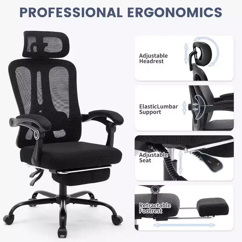 Sedia da ufficio ergonomica con schienale alto, schienale in rete, poggiapiedi retrattile, poggiatesta e supporto lombare regolabili, sedia da scrivania per computer con ruote