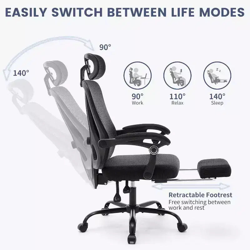 Sedia da ufficio ergonomica con schienale alto, schienale in rete, poggiapiedi retrattile, poggiatesta e supporto lombare regolabili, sedia da scrivania per computer con ruote
