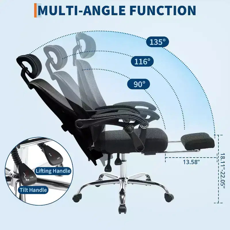 Sedia da ufficio ergonomica con schienale alto, schienale in rete, poggiapiedi retrattile, poggiatesta e supporto lombare regolabili, sedia da scrivania per computer con ruote