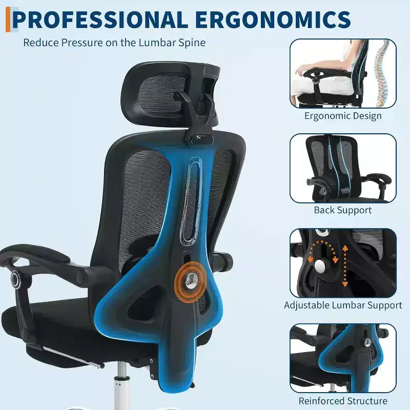 Sedia da ufficio ergonomica con schienale alto, schienale in rete, poggiapiedi retrattile, poggiatesta e supporto lombare regolabili, sedia da scrivania per computer con ruote