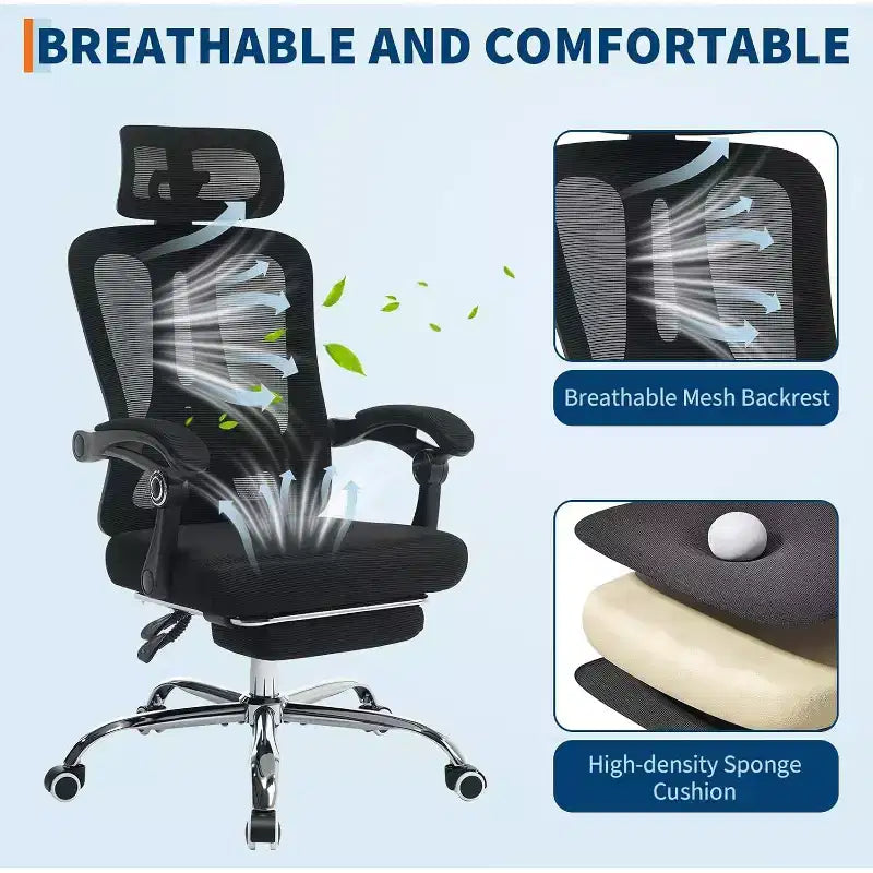 Sedia da ufficio ergonomica con schienale alto, schienale in rete, poggiapiedi retrattile, poggiatesta e supporto lombare regolabili, sedia da scrivania per computer con ruote
