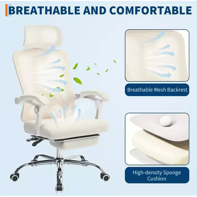 Sedia da ufficio ergonomica con schienale alto, schienale in rete, poggiapiedi retrattile, poggiatesta e supporto lombare regolabili, sedia da scrivania per computer con ruote