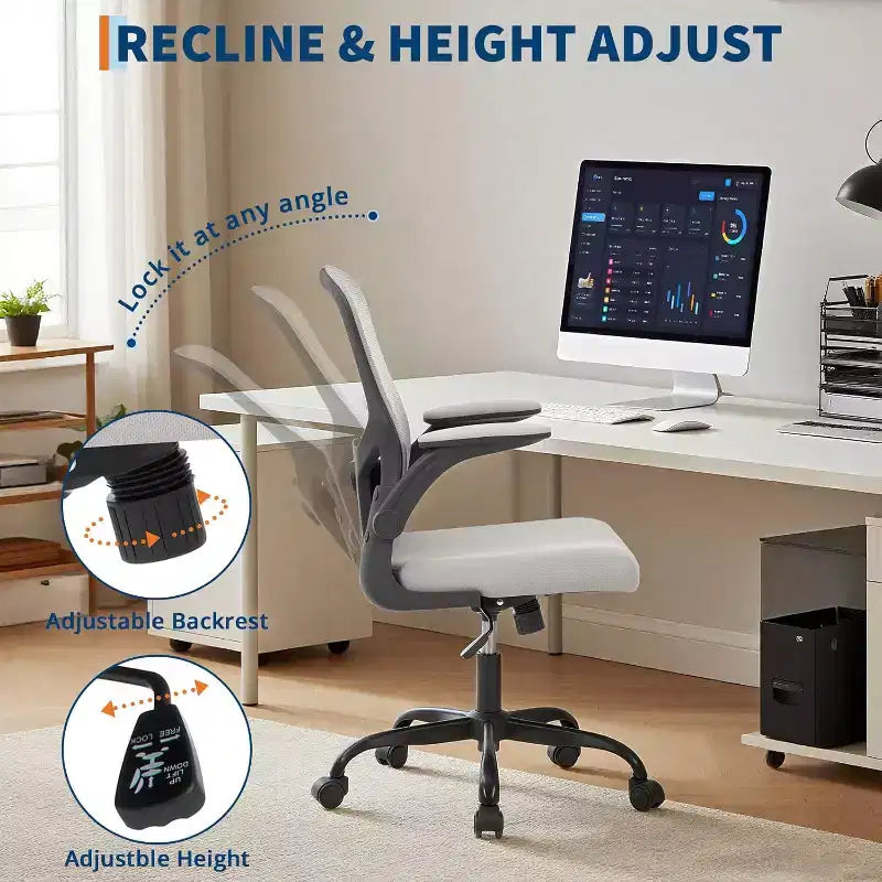 Sedia da ufficio ergonomica premium in rete grigio chiaro - Altezza regolabile, braccioli ribaltabili e supporto lombare - Comoda seduta girevole per casa, gaming e lavoro