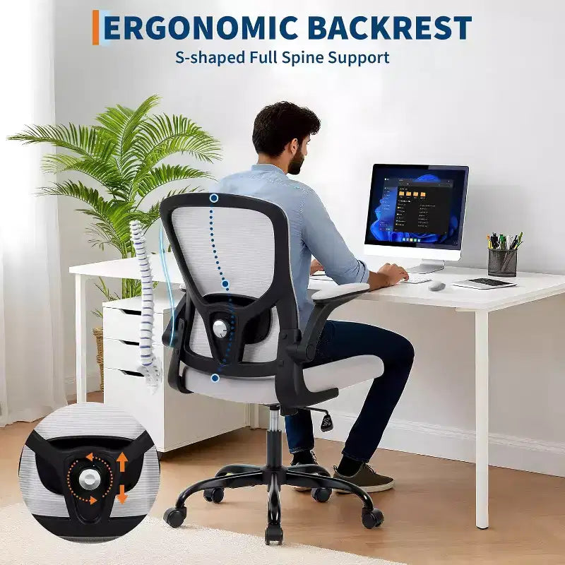 Sedia da ufficio ergonomica premium in rete grigio chiaro - Altezza regolabile, braccioli ribaltabili e supporto lombare - Comoda seduta girevole per casa, gaming e lavoro
