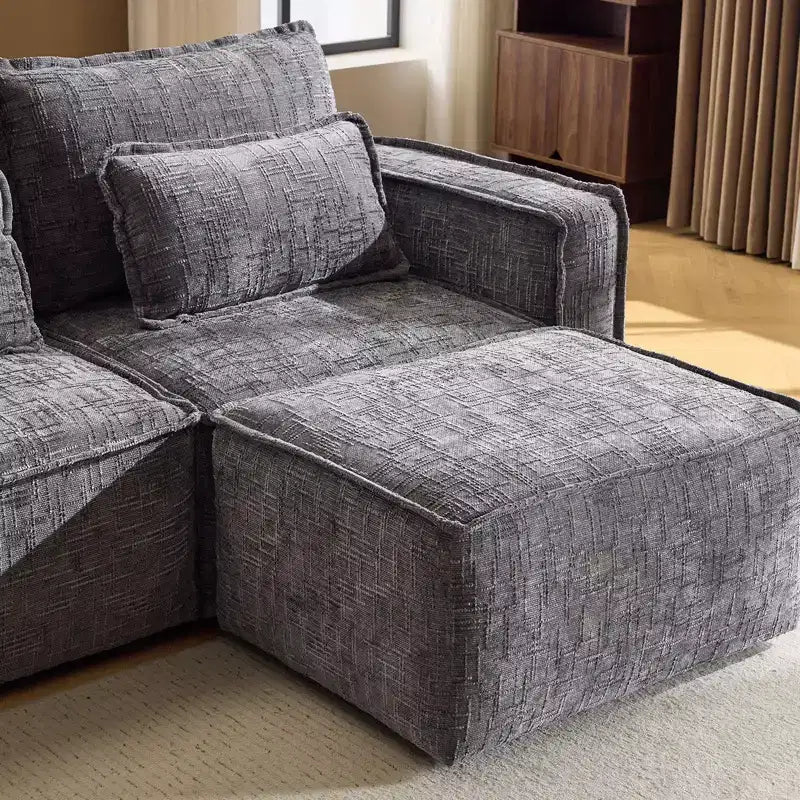 Divano a 3 posti a L senza struttura in ciniglia grigia con braccioli quadrati Karl Home | 279 cm L con pouf