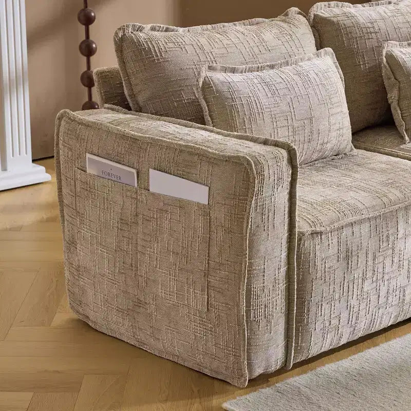 Divano a 3 posti a L senza struttura in ciniglia grigia con braccioli quadrati Karl Home | 279 cm L con pouf