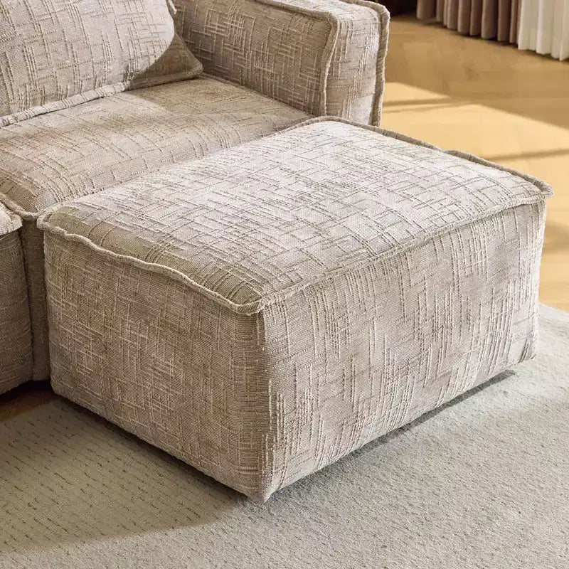 Divano a 3 posti a L senza struttura in ciniglia grigia con braccioli quadrati Karl Home | 279 cm L con pouf