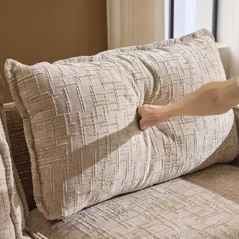 Divano a 3 posti a L senza struttura in ciniglia grigia con braccioli quadrati Karl Home | 279 cm L con pouf