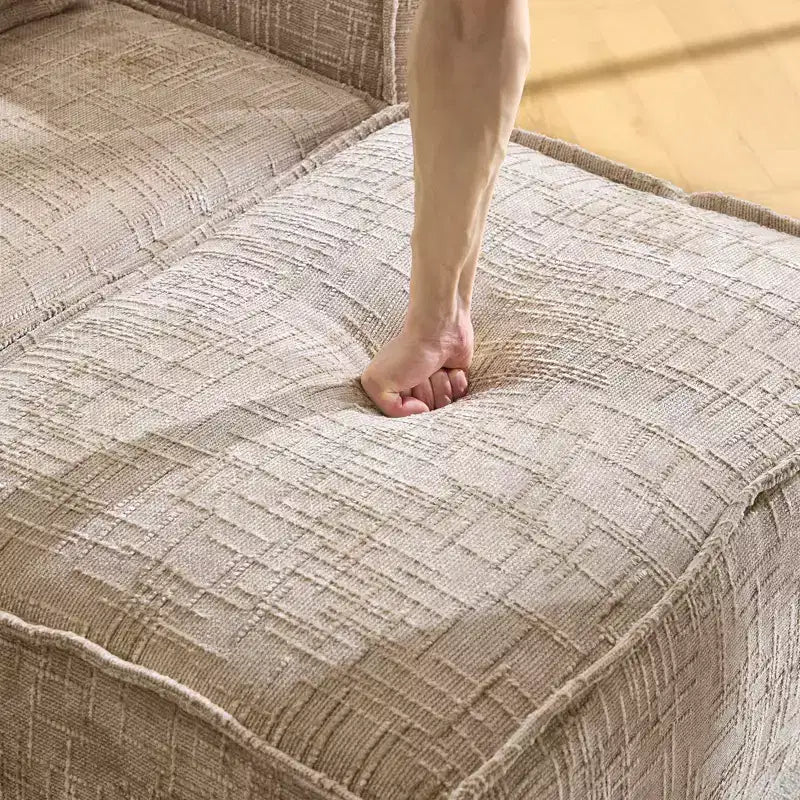 Divano a 3 posti a L senza struttura in ciniglia grigia con braccioli quadrati Karl Home | 279 cm L con pouf