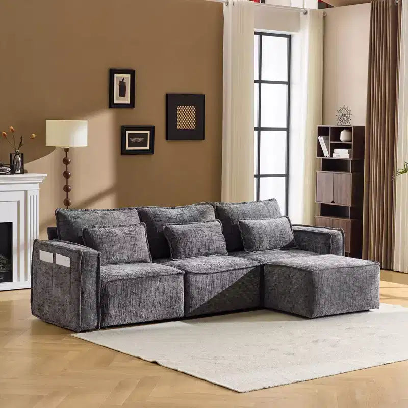 Divano a 3 posti a L senza struttura in ciniglia grigia con braccioli quadrati Karl Home | 279 cm L con pouf
