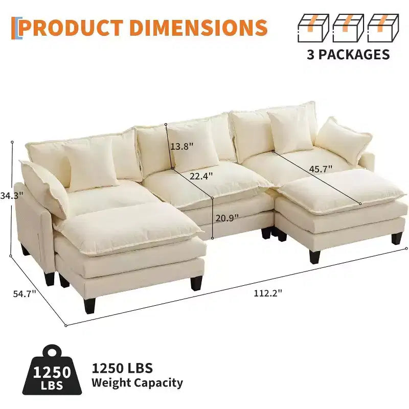 Divano moderno a L da 112 pollici, modulare, a combinazione "nuvola", con pouf, set componibile a 3 posti in ciniglia con 1 poggiapiedi per la casa