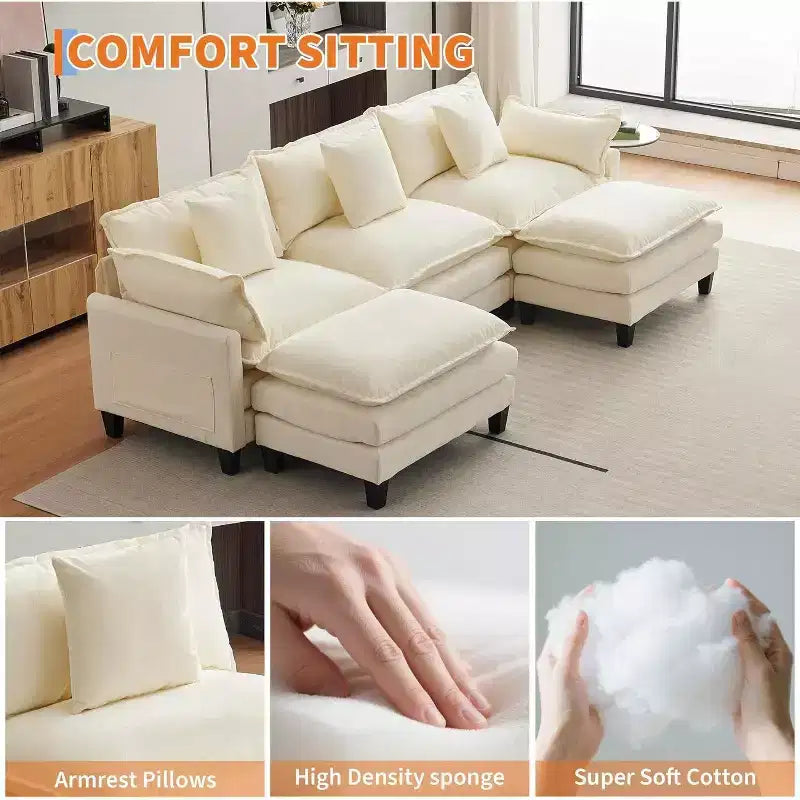 Divano moderno a L da 112 pollici, modulare, a combinazione "nuvola", con pouf, set componibile a 3 posti in ciniglia con 1 poggiapiedi per la casa