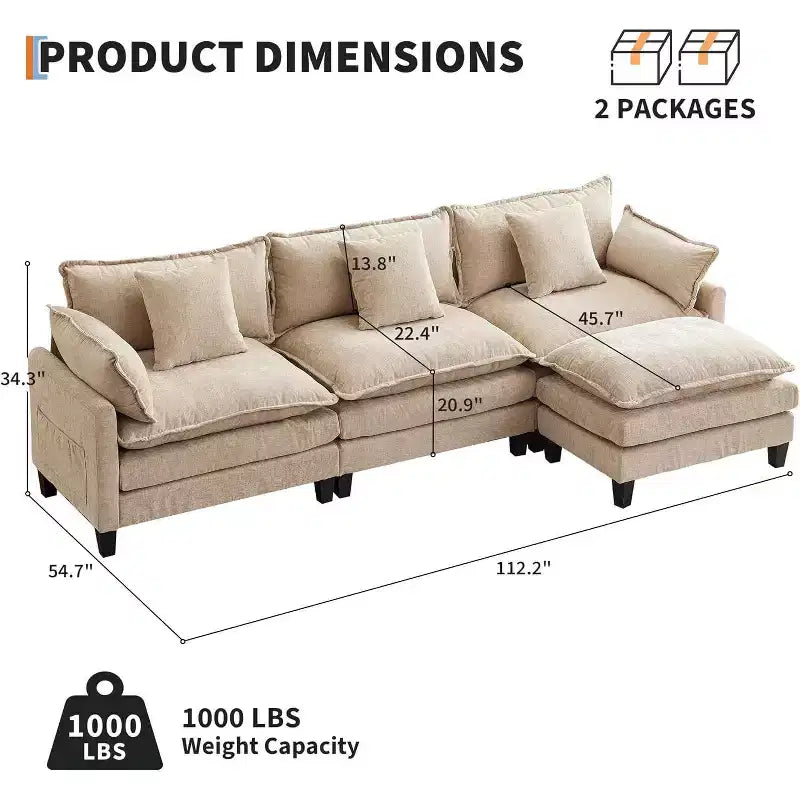 Divano moderno a L da 112 pollici, modulare, a combinazione "nuvola", con pouf, set componibile a 3 posti in ciniglia con 1 poggiapiedi per la casa