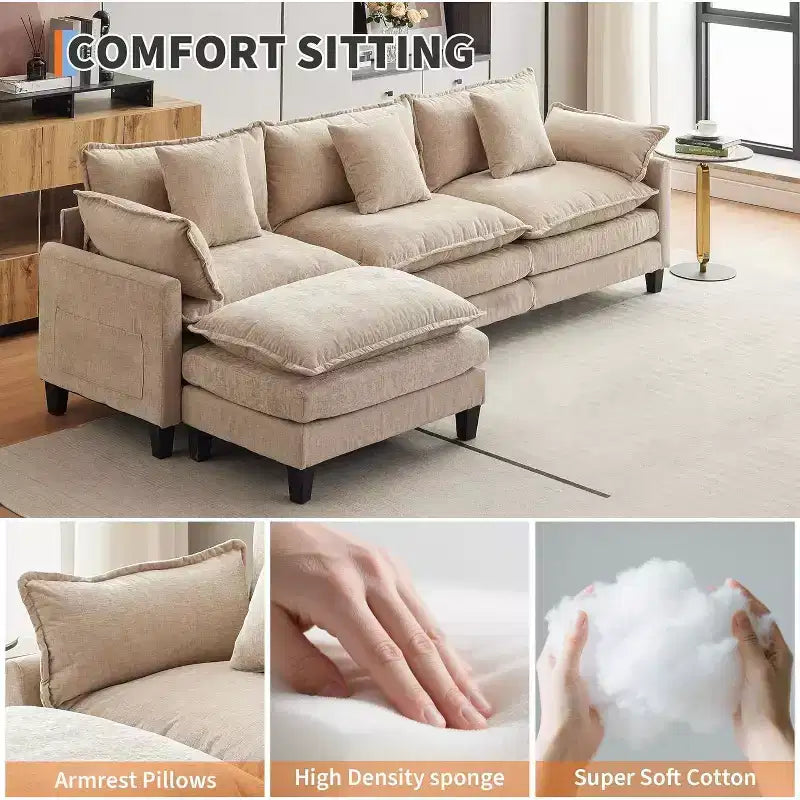 Divano moderno a L da 112 pollici, modulare, a combinazione "nuvola", con pouf, set componibile a 3 posti in ciniglia con 1 poggiapiedi per la casa
