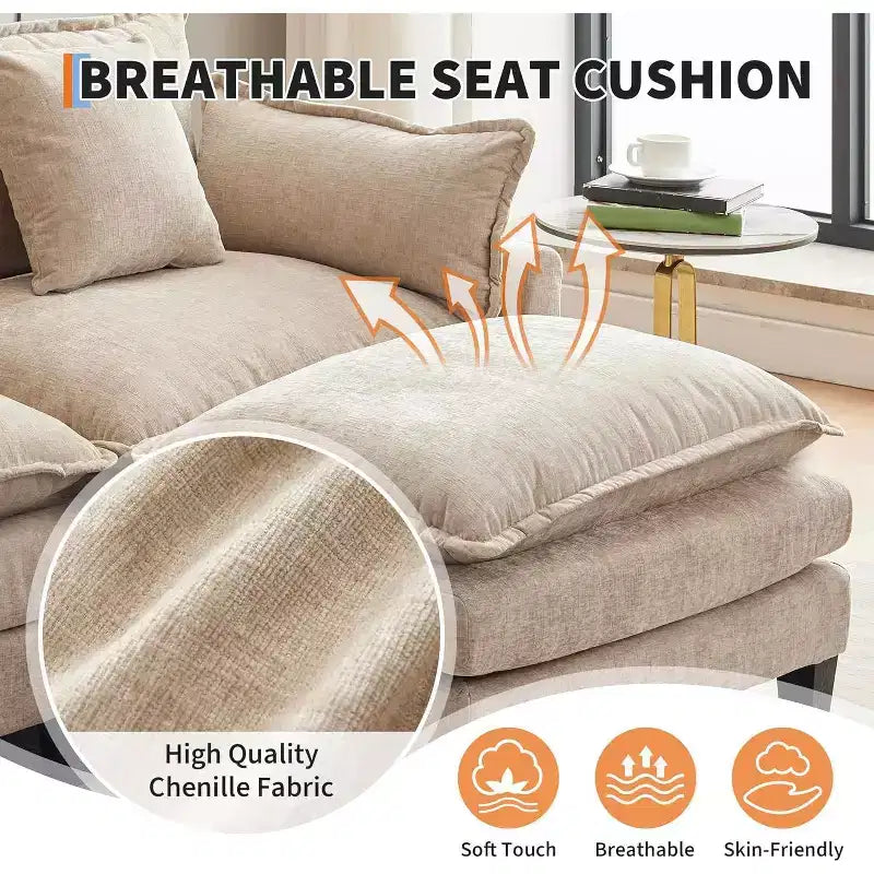 Divano moderno a L da 112 pollici, modulare, a combinazione "nuvola", con pouf, set componibile a 3 posti in ciniglia con 1 poggiapiedi per la casa