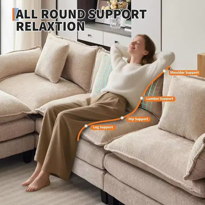 Divano moderno a L da 112 pollici, modulare, a combinazione "nuvola", con pouf, set componibile a 3 posti in ciniglia con 1 poggiapiedi per la casa